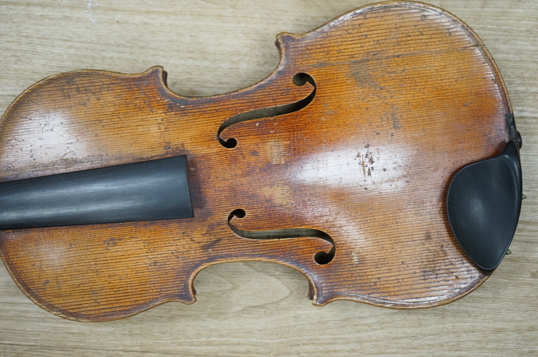 A late 19th century German violin (c.1880), with label reading ‘Georg Krywalski 1917’, in wood case.